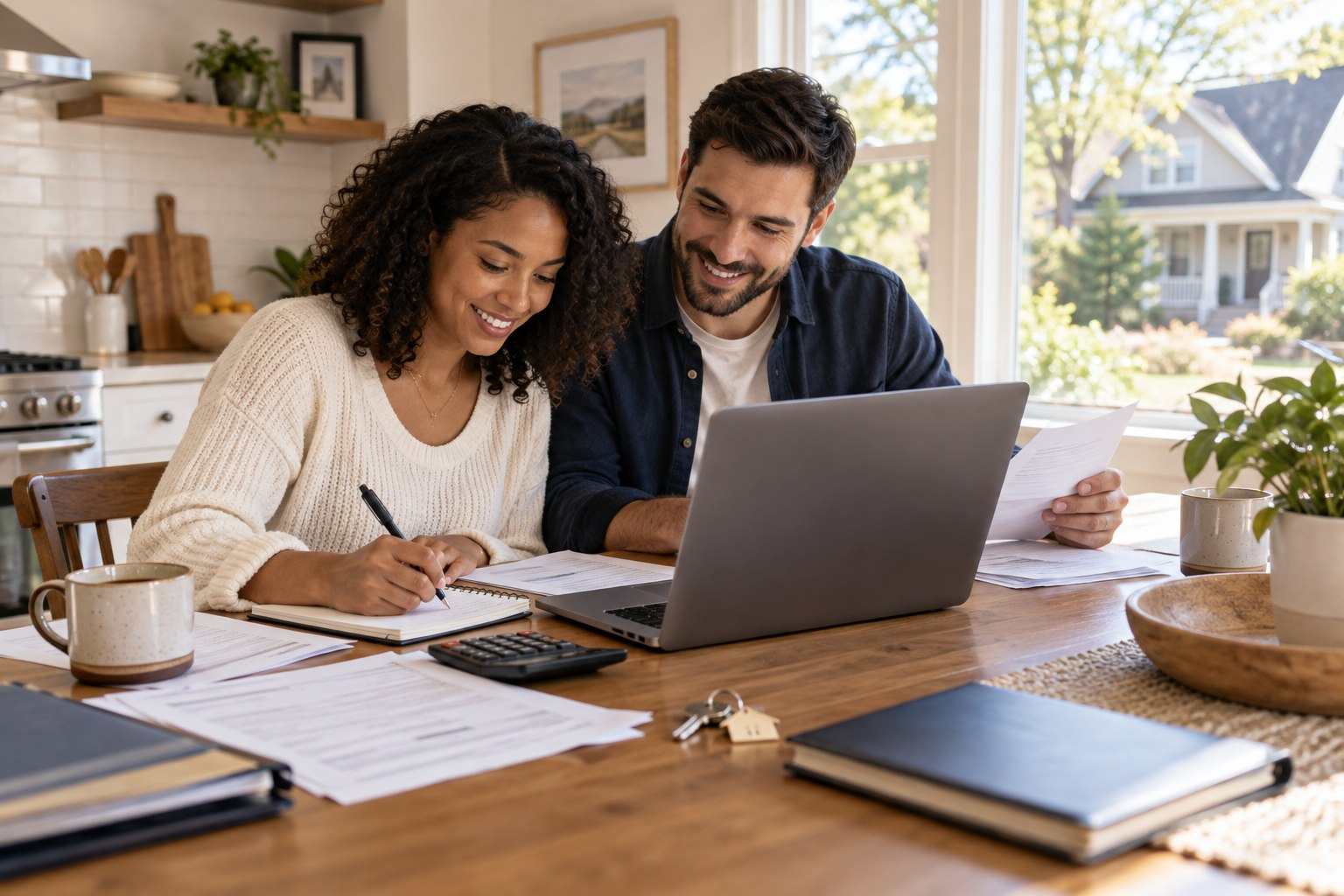 First-time Georgia homebuyers organizing a 2026-2027 purchase plan at a kitchen table