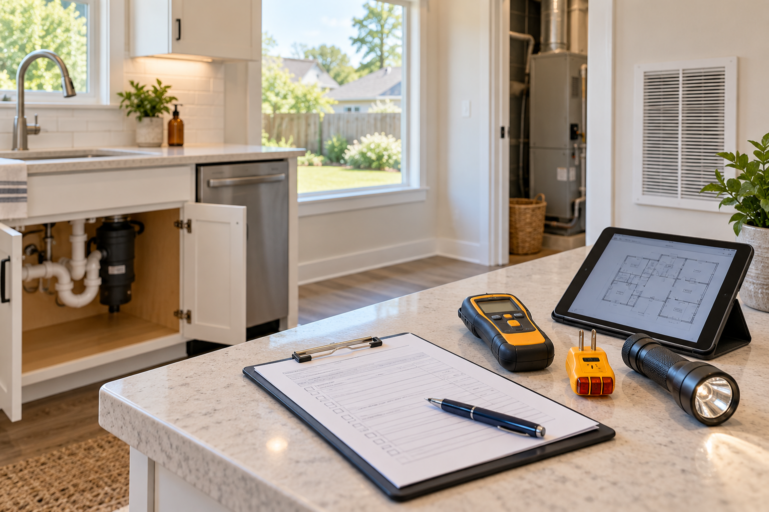 Home inspection tools beside visible plumbing and HVAC equipment in a Georgia home