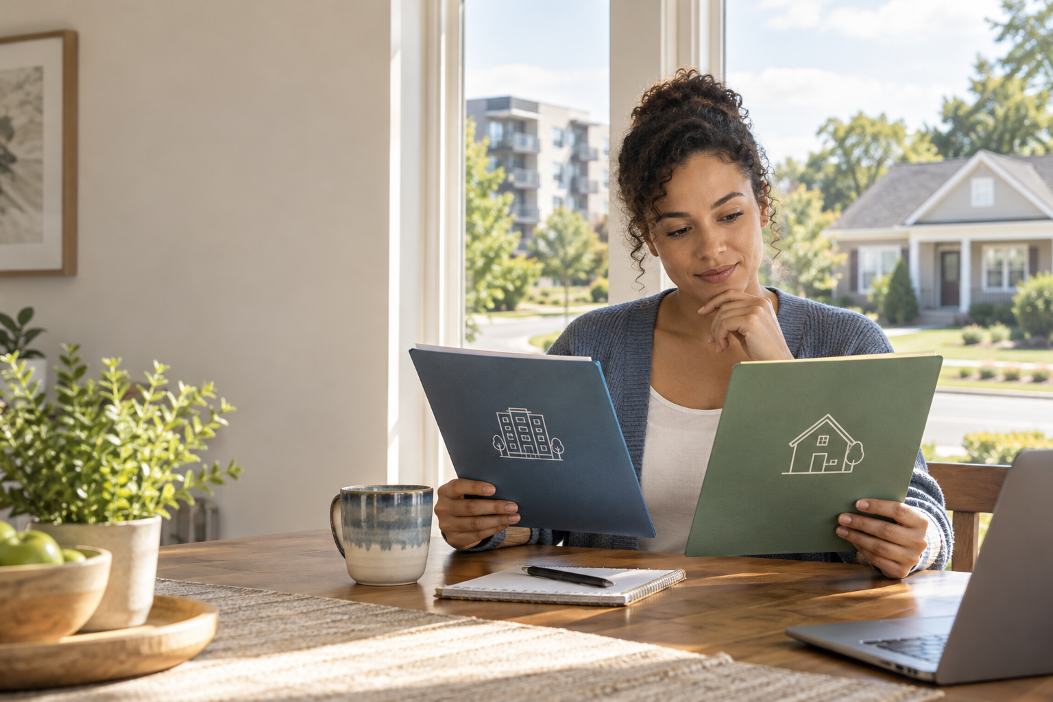 Person comparing renting and homeownership options at a kitchen table