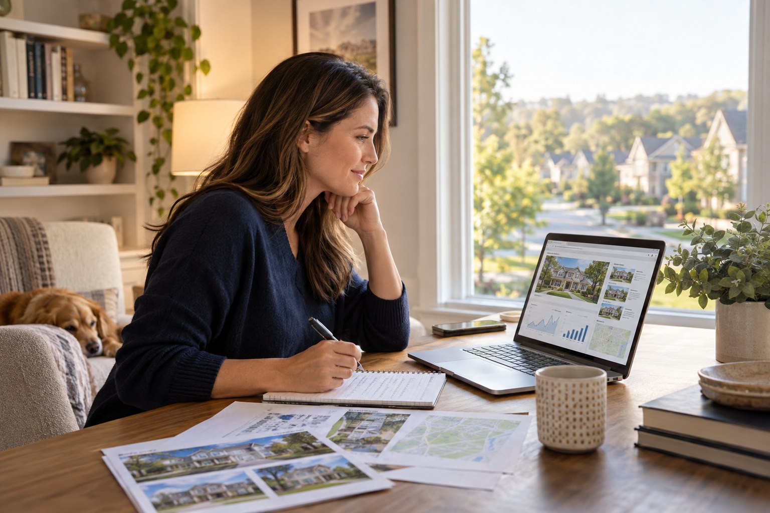 Homeowner reviewing a local Georgia housing market report at a home office desk