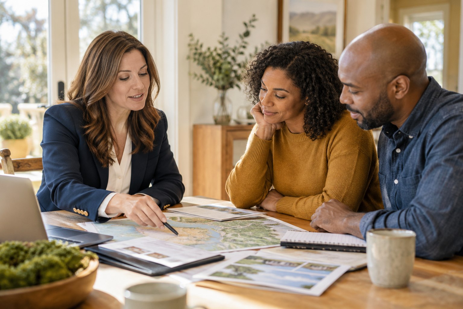 A local real estate professional reviewing property information with two clients