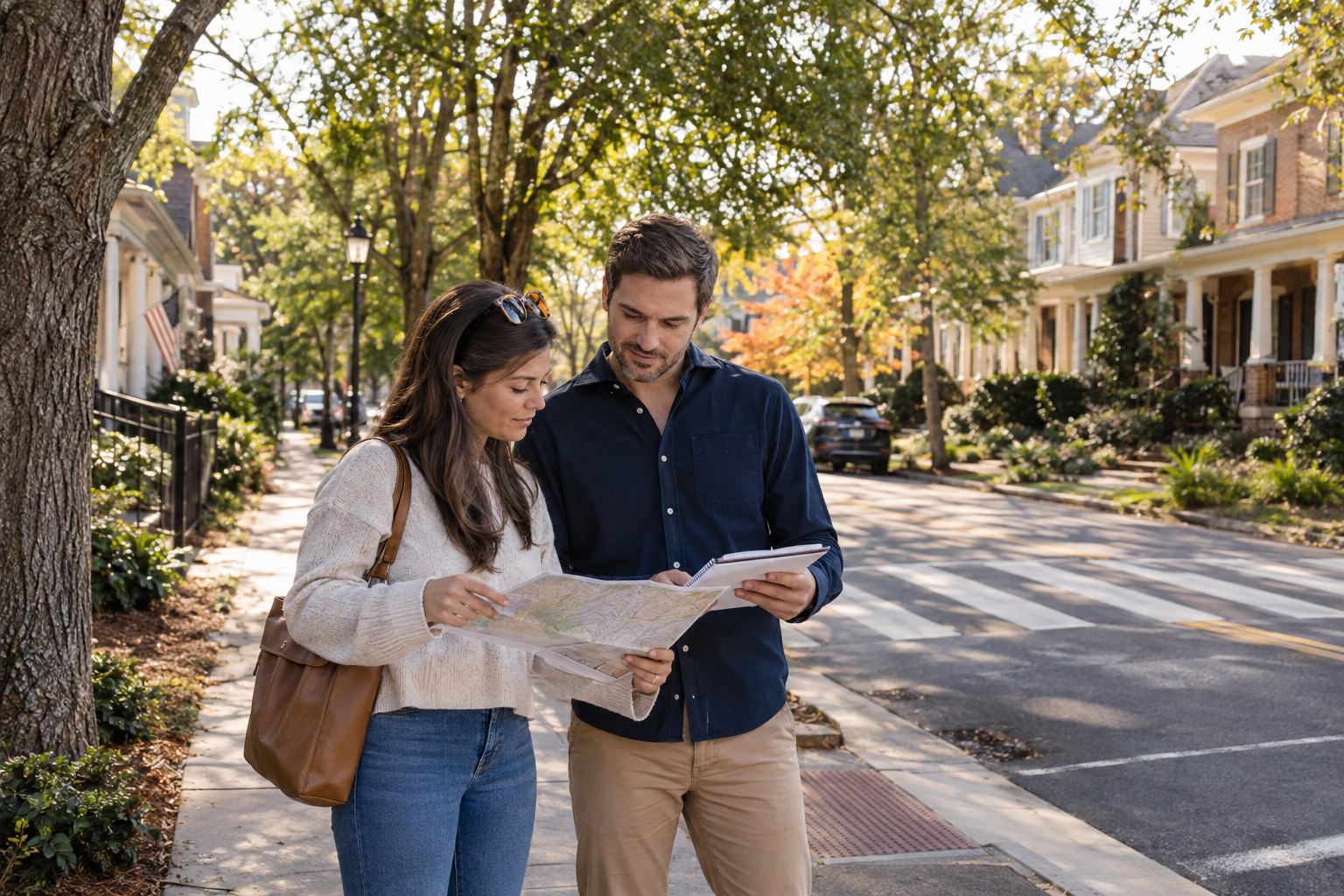 Homebuyers comparing a map and notes while researching a Georgia neighborhood
