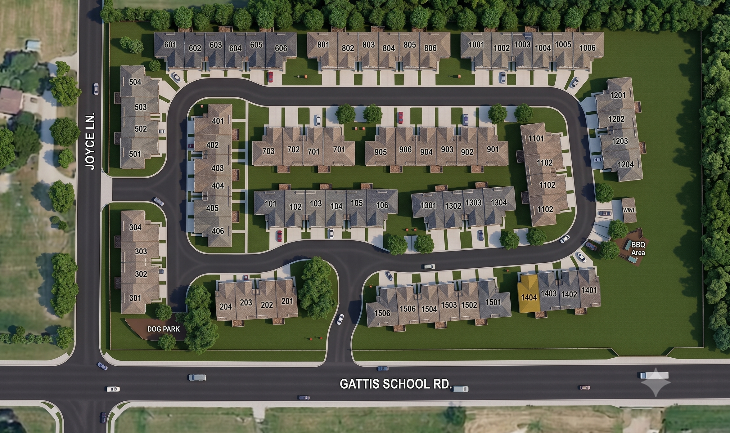 A realistic 3D aerial rendering of the Gattis Townhomes community in Round Rock, Texas. The development is situated at the corner of Gattis School Road and Joyce Lane, with both streets clearly labeled. The community features multiple rows of modern townhomes identified by numbered units (100&ndash;1500 series), arranged along a looping private roadway with driveways, sidewalks, landscaped lawns, and mature trees. Community amenities include a fenced dog park in the southwest corner and a BBQ/picnic area near the southeast entrance. Visitor parking is provided throughout the neighborhood, and the community is bordered by green space and wooded areas, highlighting its low-maintenance, thoughtfully planned layout.