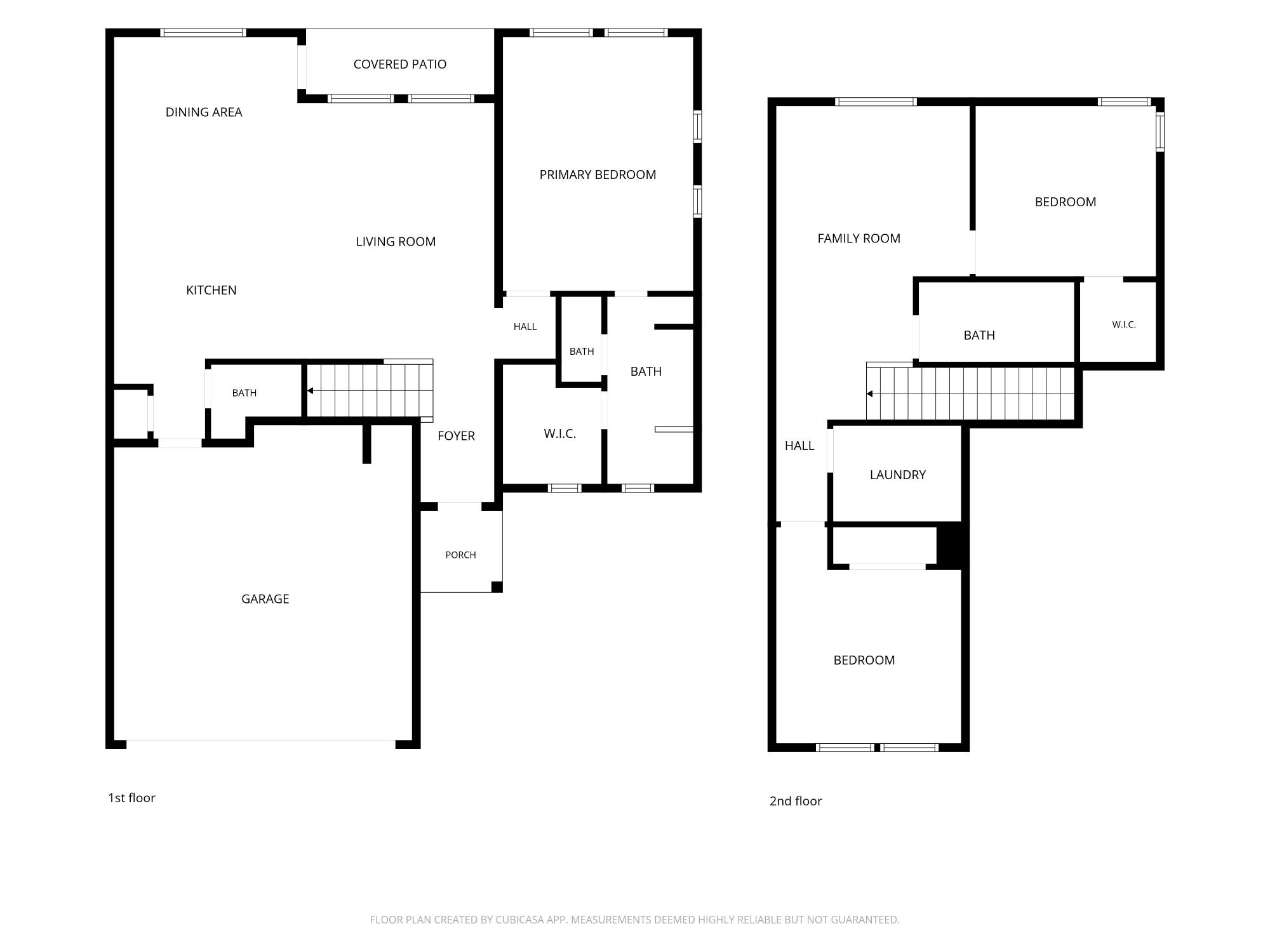 Black-and-white two-story floor plan of a 4-bedroom, 3.5-bath home with an attached 2-car garage, open-concept kitchen, dining area, and living room, main-level primary suite with walk-in closet and en-suite bath, covered patio, foyer, and powder room. The second floor features a spacious family room, three additional bedrooms, a full bathroom, laundry room, and hallway. This residential floor plan provides a clear layout of the home's functional living spaces and room arrangement.