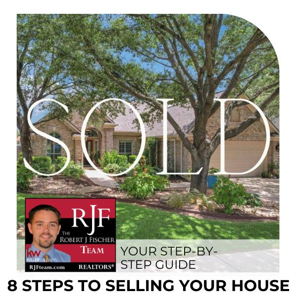 A picture of a house recently sold by the Robert J Fischer Team with the title "8 Steps to Selling Your House" and the Robert J Fischer Team logo in the bottom lefthand corner