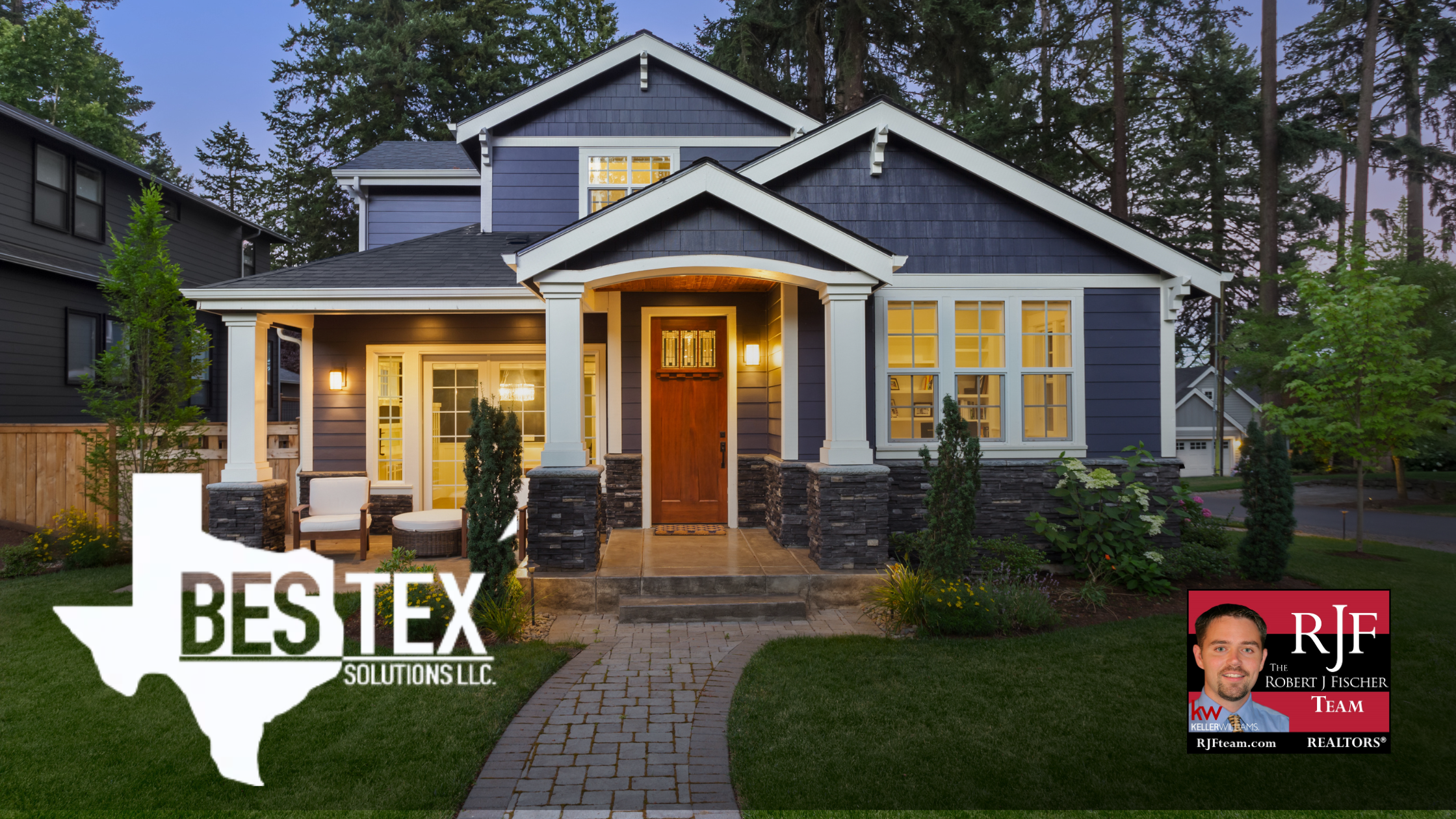 A picture of a well-maintained blue house in a suburb, with the BesTex series of logos in the bottom left corner and the Robert J Fischer Team logo in the bottom right corner.