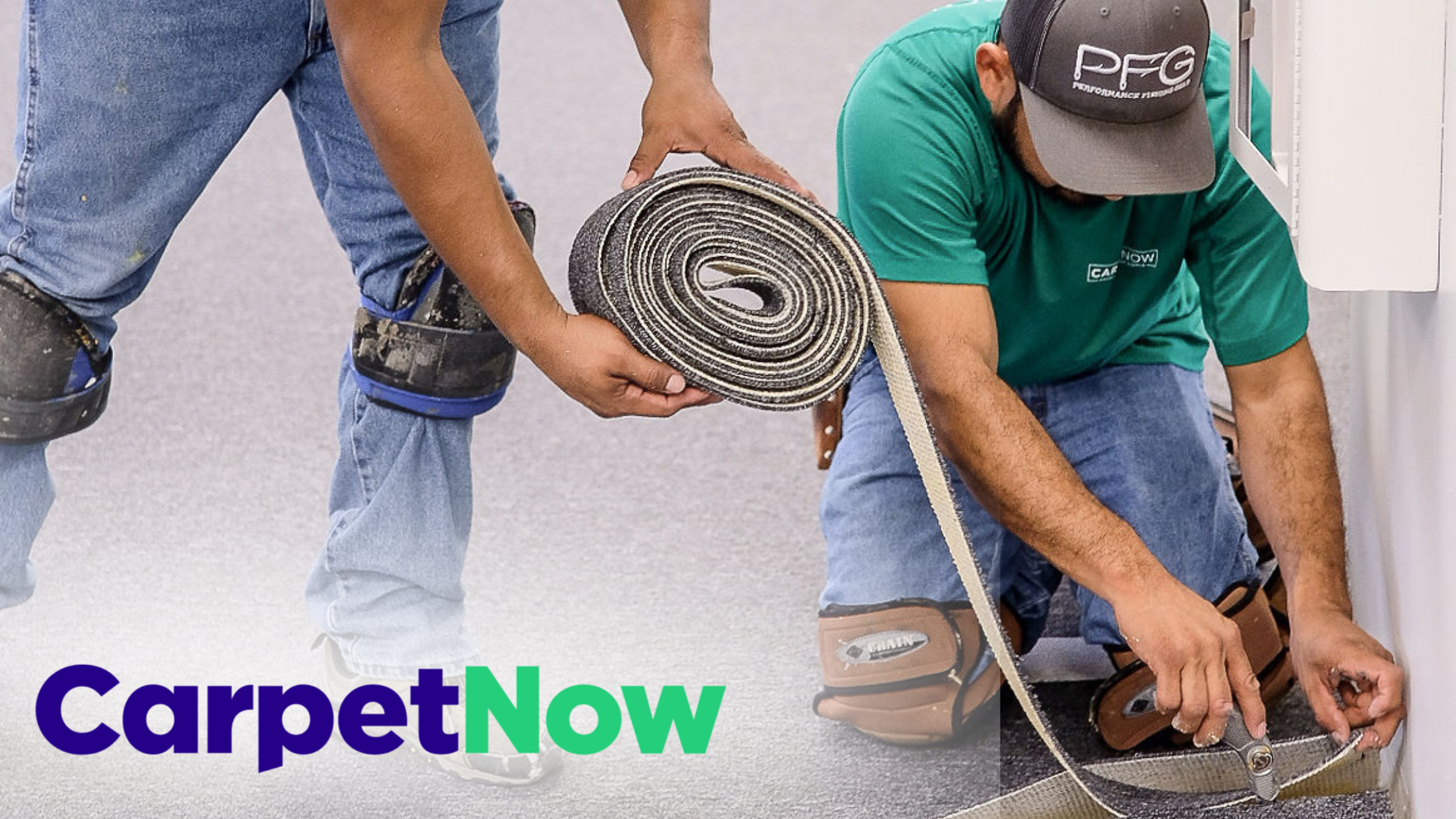 Two Carpet Now professionals in green company shirts with the Carpet Now Logo in the bottom left corner installing quality carpet inside of a homeowner's home in 2024 - sold by the Robert J Fischer Team. 