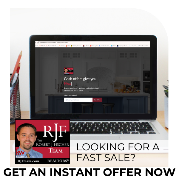 A computer screen showing the page to get an instant cash offer with the Robert J Fischer Team logo in the bottom left and then "Looking for a fast sale? Get an Instant Offer Now" across the bottom of the screen.