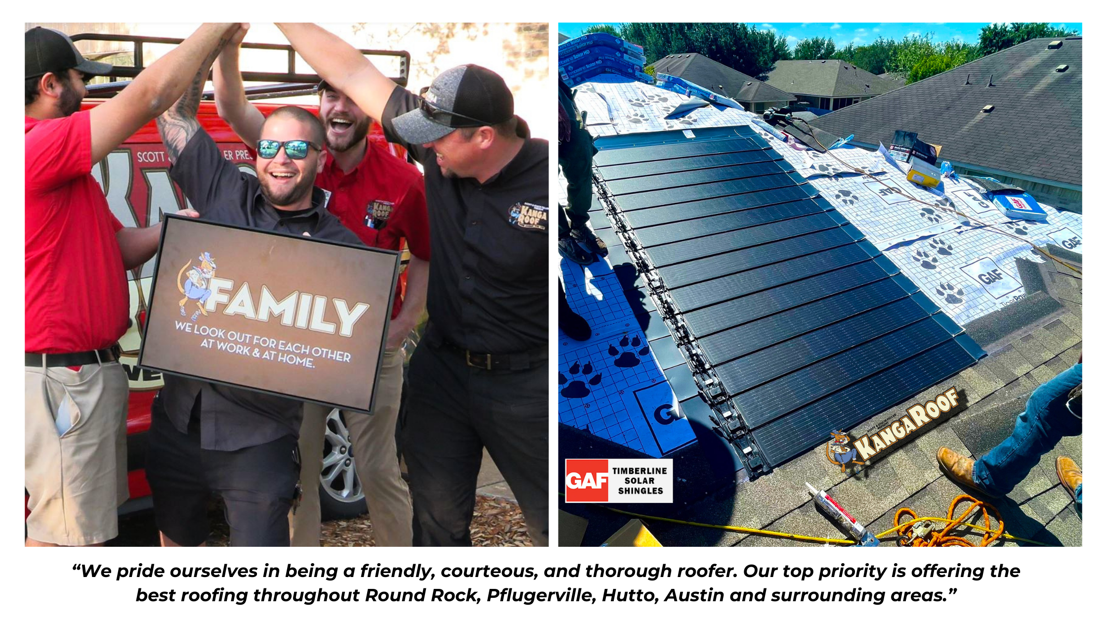KangaRoof team celebrating in front of KangaRoof truck while team member holds the KangaRoof Family Core Value sign and KangaRoof solar shingles install with GAF Timberline Solar Shingles logo and KangaRoof logo