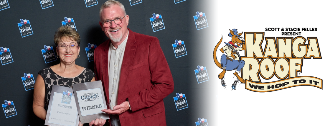 Scott and Stacie Feller of KangaRoof accepting the Best in Austin 2023 award in roofing with the KangaRoof logo