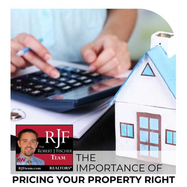 An image of someone trying to price their house right by calculating to get the ideal list price. The Robert J Fischer Team logo is in the bottom lefthand corner and the title "How to Price Your Property Right'" is showcased as well