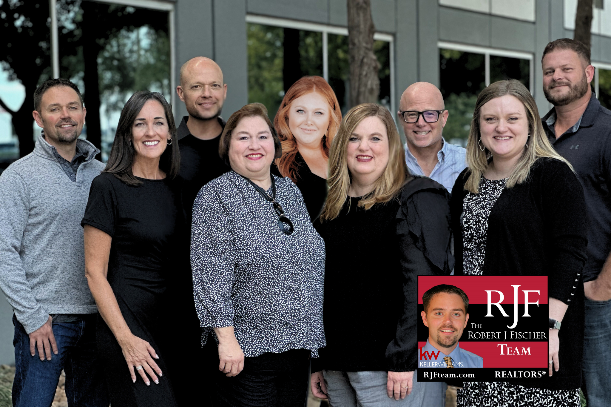 Group portrait of the Robert J Fischer Team realtors, showing eight smiling team members outdoors in front of a modern office building, with the RJF Keller Williams logo inset in the lower right corner.