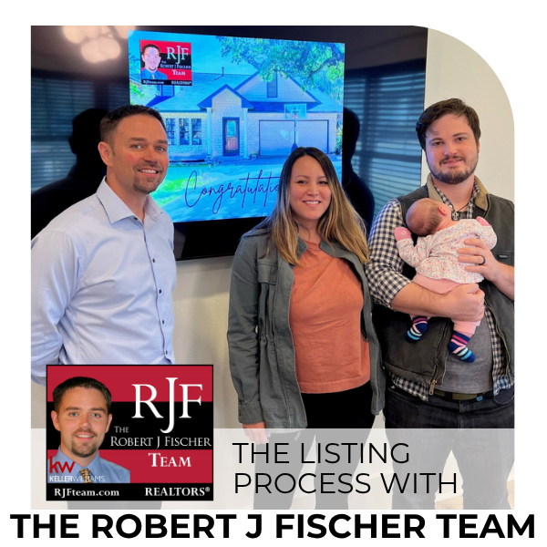 Image of home sellers next to Robert Fischer on the Robert J Fischer Team after they sold their house. The Robert J Fischer Team logo is in the bottom left corner and the title "Selling Your Home with the RJF Team" is in the image.