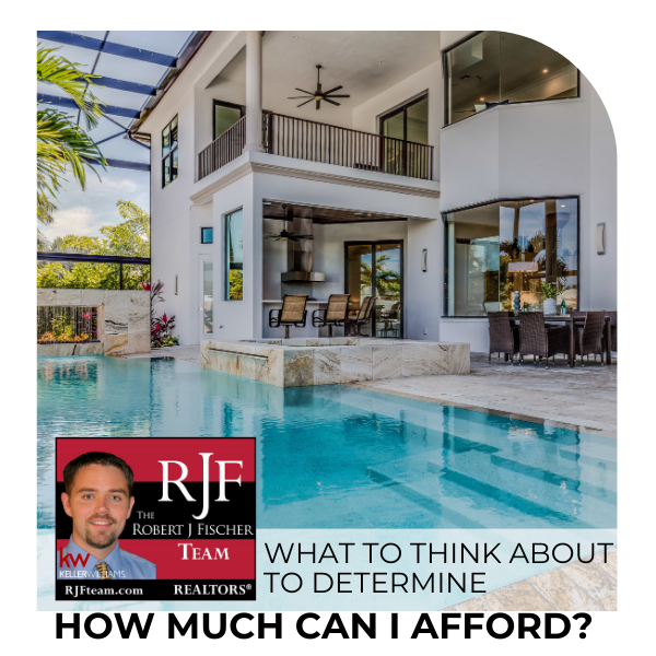 A photo of a beautiful house with a pool and the title "What to think about to determine how much can I afford?" and the Robert J Fischer Team logo in the bottom left of the image.