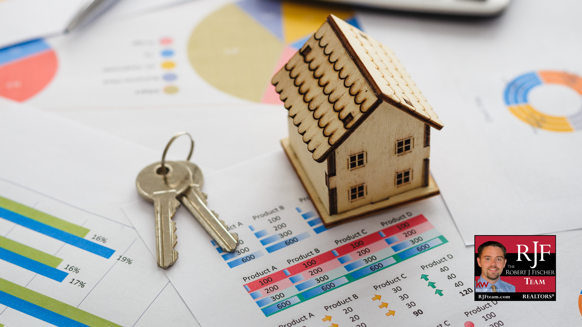 A photo of trends and analytics tied to real estate with the Robert J Fischer Team logo in the bottom right corner