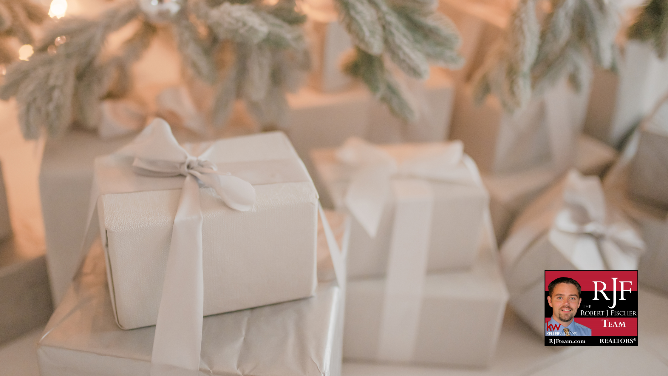 A photo of gifts under the Christmas tree with the Robert J Fischer Team logo in the bottom right corner