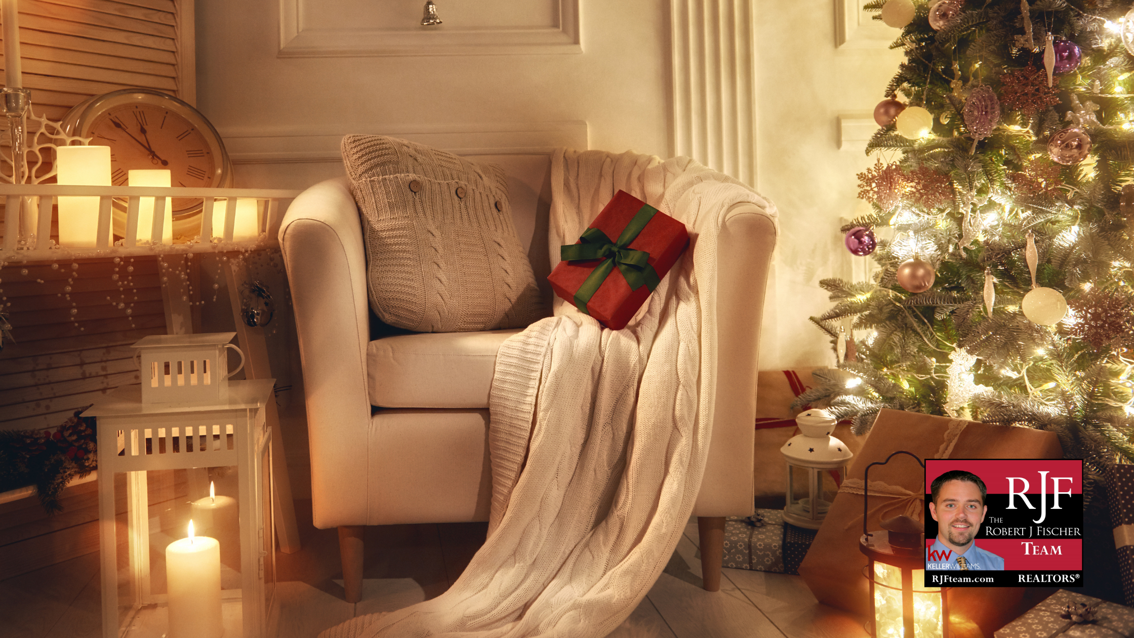 A living room decorated for Christmas with the Robert J Fischer Team logo in the bottom right corner