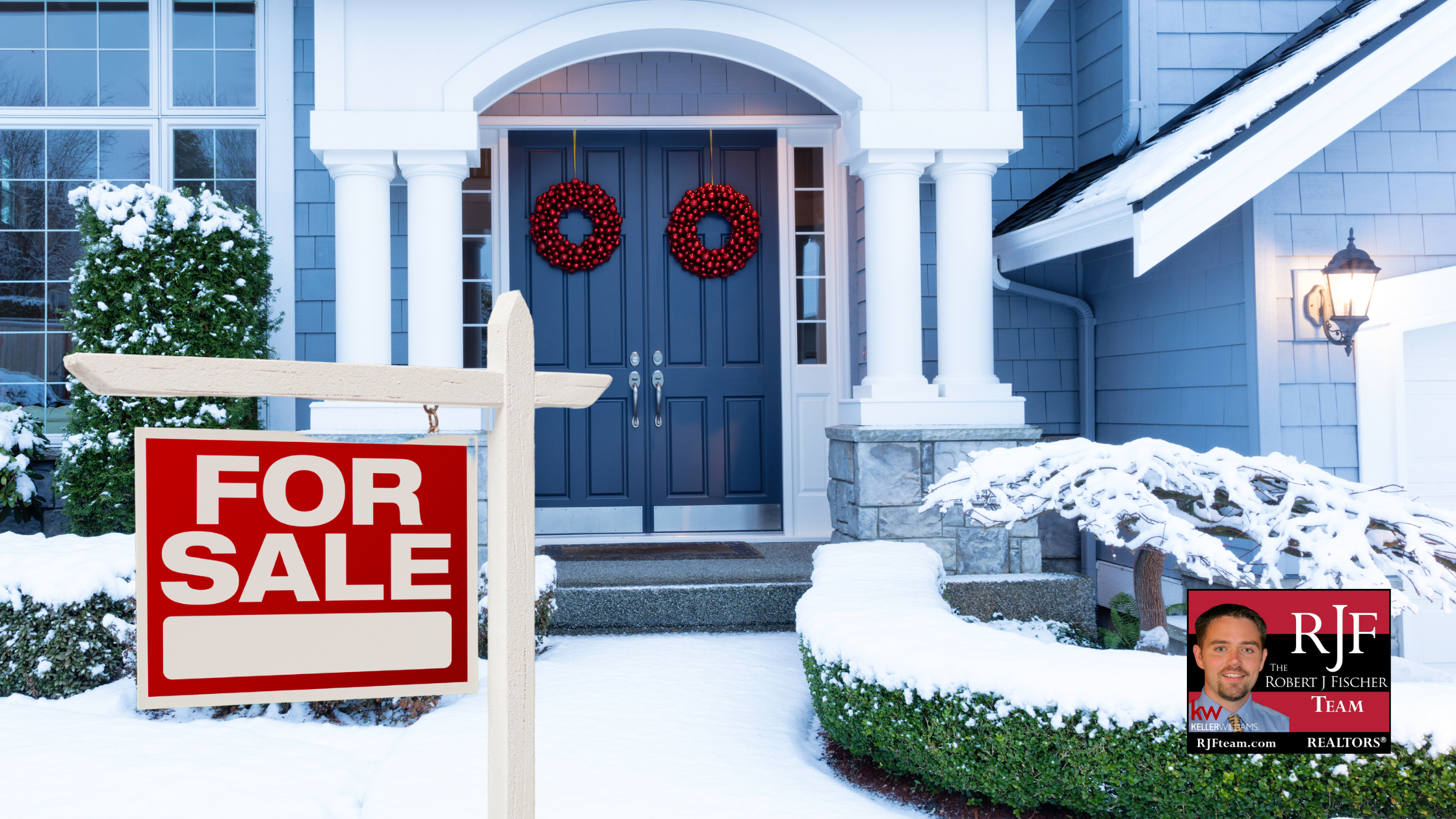 A photo fo a house for sale in the winter with the Robert J Fischer Team logo in the bottom right corner