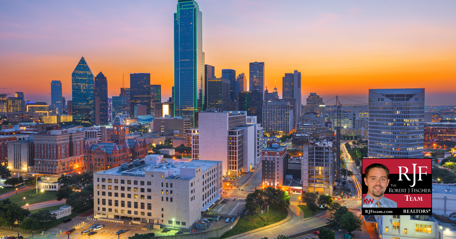 A city landscape of Austin, TX with the Robert J Fischer Team logo in the bottom right of the screen