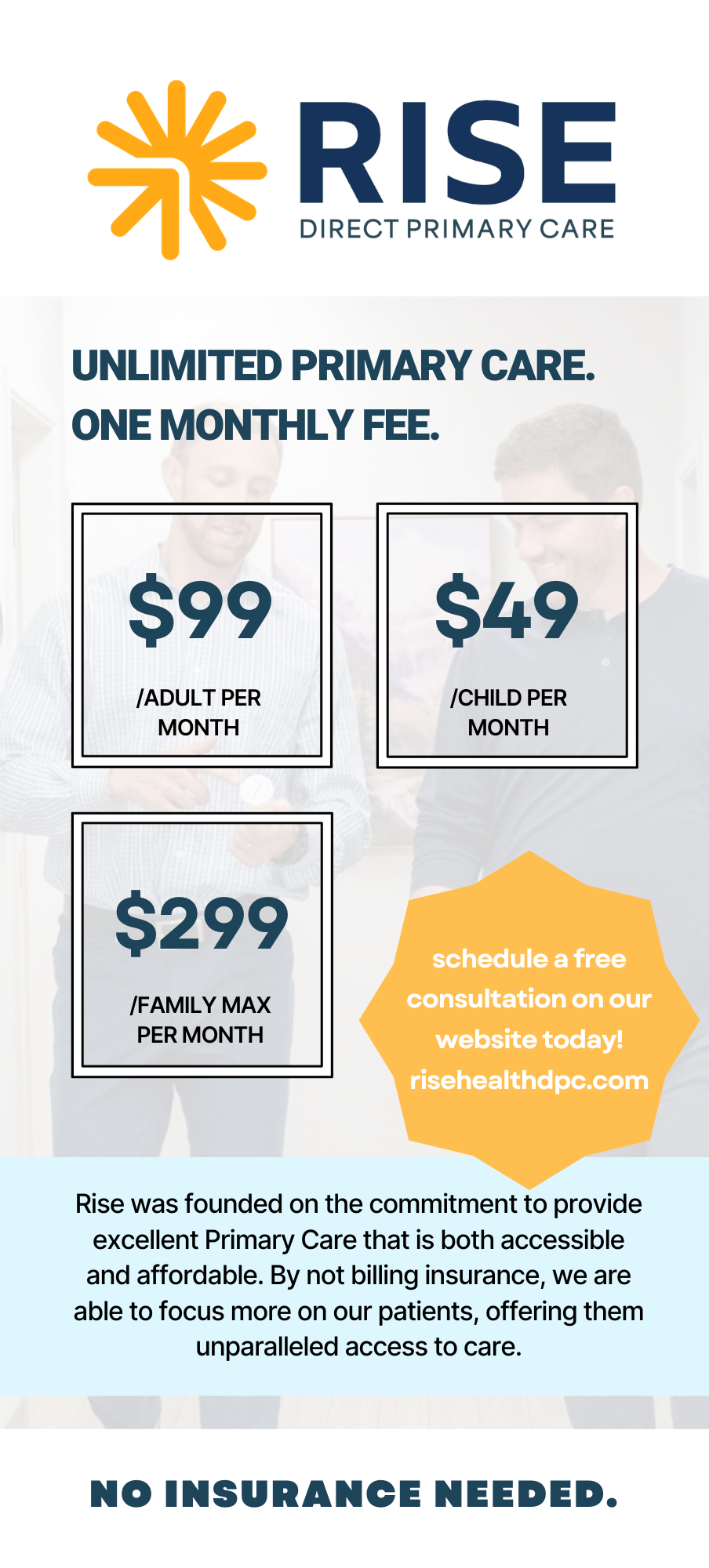 Rise Direct Primary Care monthly costs: unlimited primary care for one monthly fee — $99 per adult, $49 per child, $299 family maximum per month. No insurance needed.