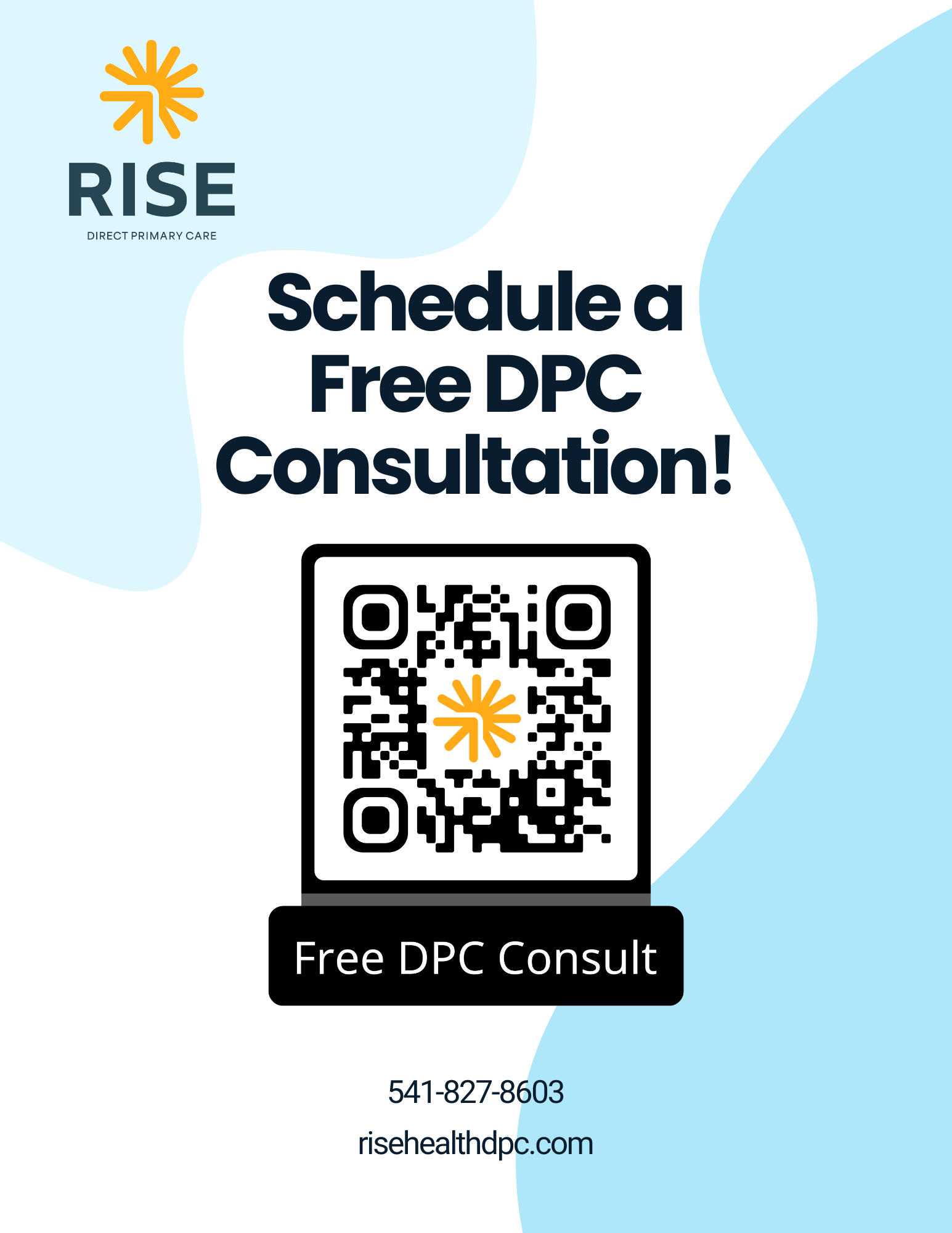 Schedule a free DPC consultation with Rise Direct Primary Care — scan the QR code, call 541-827-8603, or visit risehealthdpc.com.
