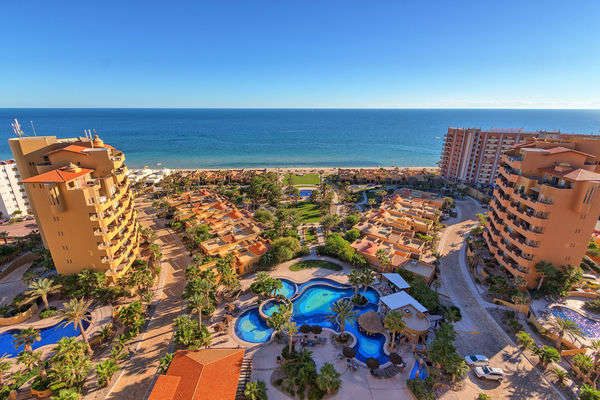 Bella Sirena infinity pools, towers, and Sandy Beach from above