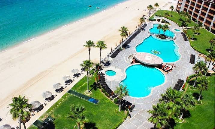 Aerial view of the Sonoran Sun beachfront pools and Sandy Beach in Rocky Point