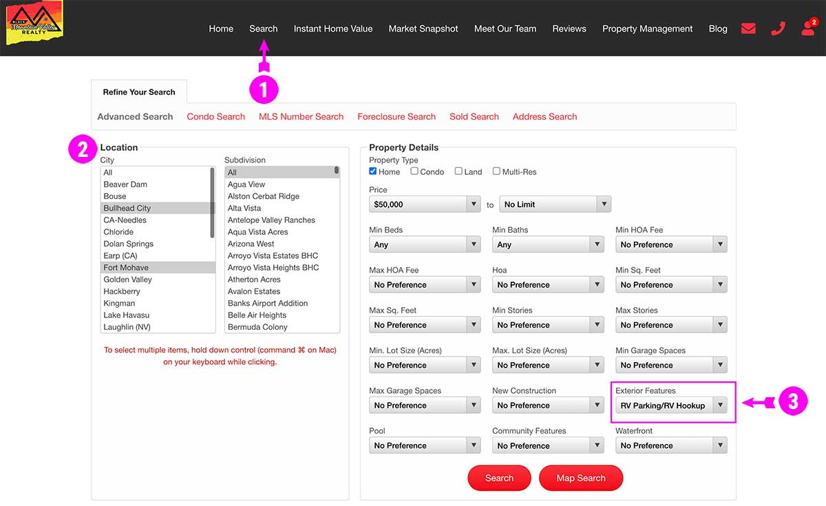 Image: Screenshot of Website's Advanced Search Feature with Exterior Feature option for RV parking / RV hookup.