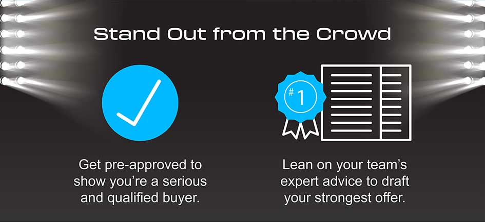 Graphic: Stand out from the Crowd - Get pre-approved to show you're a serious and qualified buyer. Lean on your team's expert advice to draft your strongest offer.