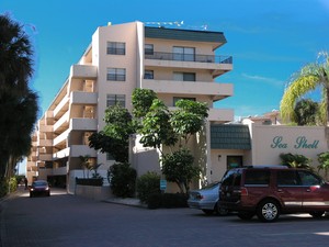 Front View from Midnight Pass of the Seashell Condominium Building on Siesta Key
