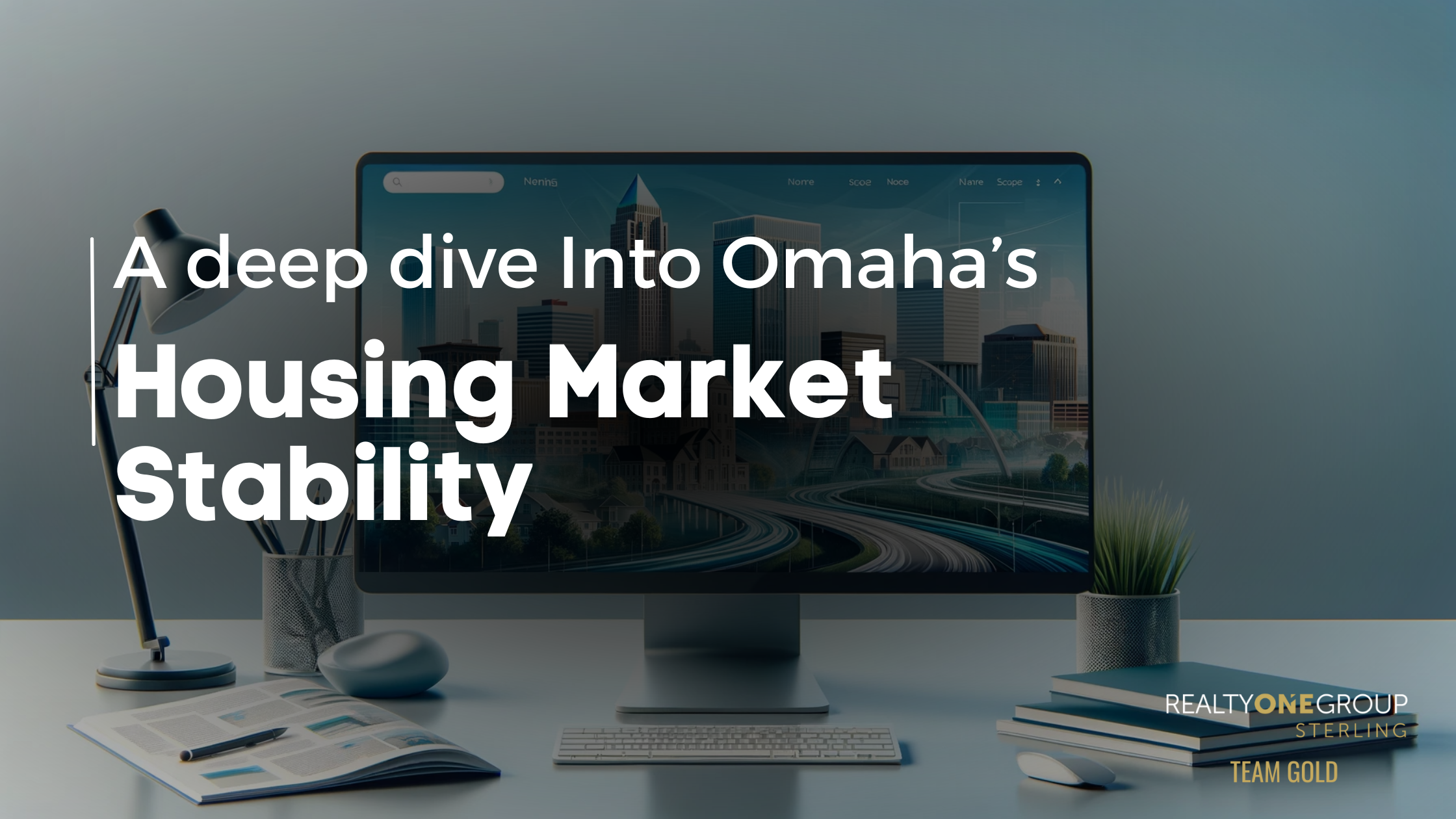 A professional website thumbnail for a real estate blog post, focusing on Omaha, Nebraska's real estate market. The image should feature a sleek, mode.png