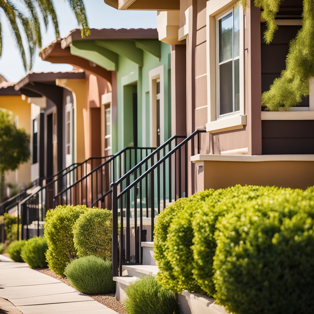 A row of colorful, modest houses nestled in a quiet neighborhood in Surprise, AZ. Each home has a neatly manicured front yard and a welcoming front porch