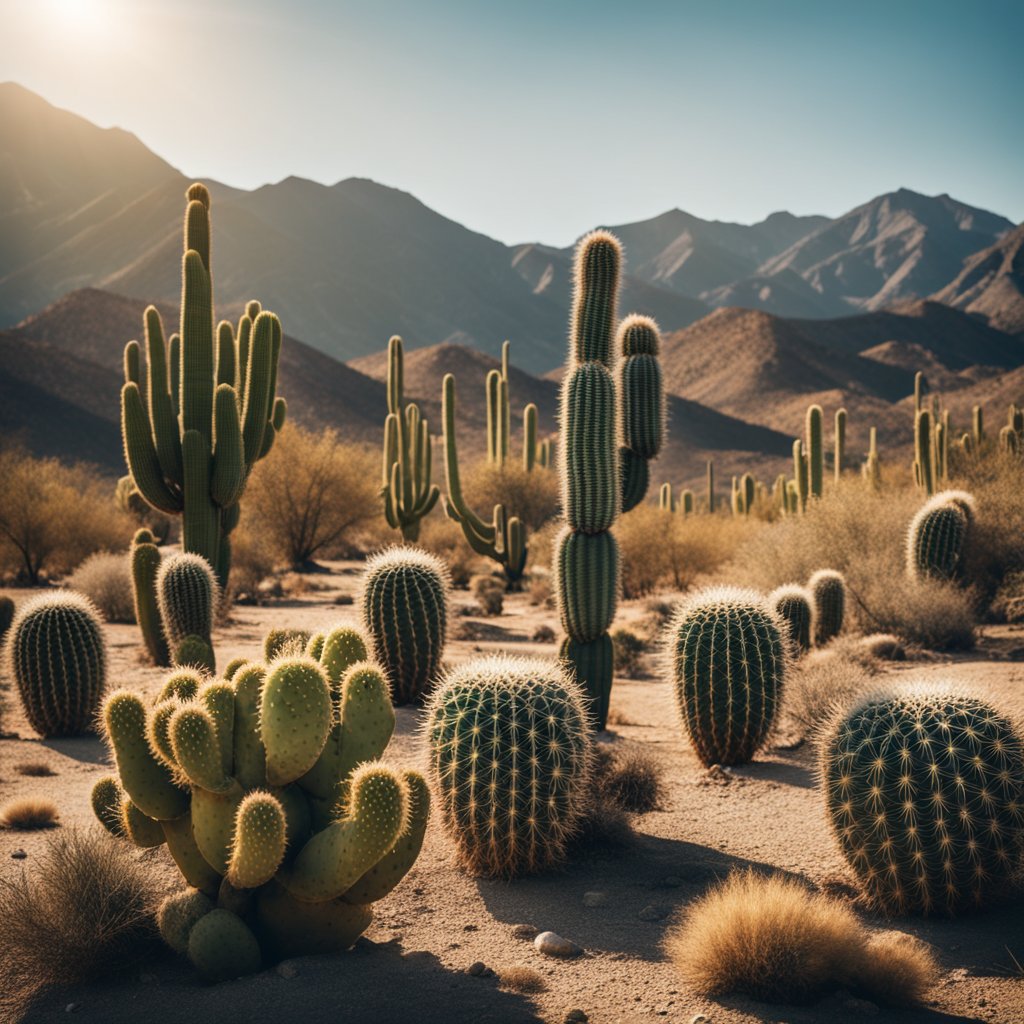 A sunny desert landscape with cacti, mountains, and blue skies. Hot, dry climate with potential for extreme heat