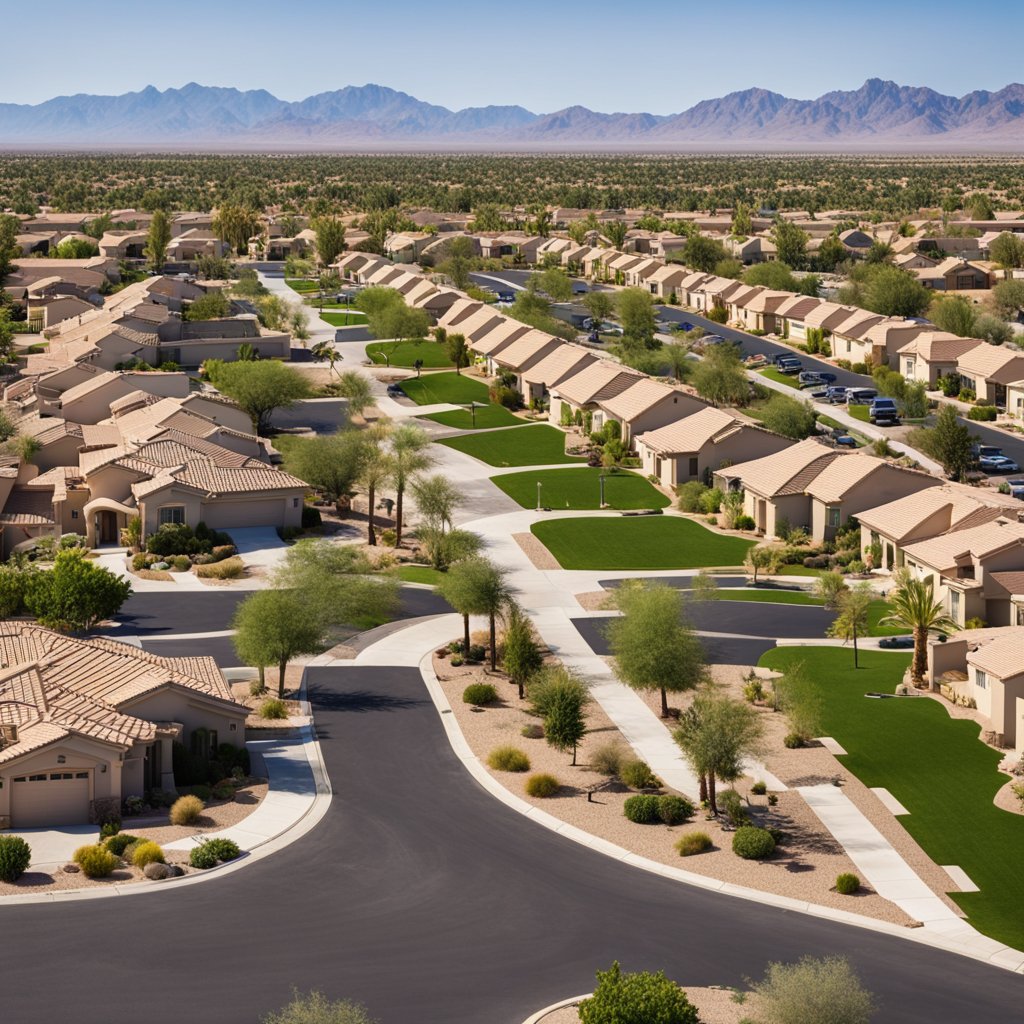 A sunny suburban street in Surprise, AZ, with rows of affordable homes and neatly manicured lawns