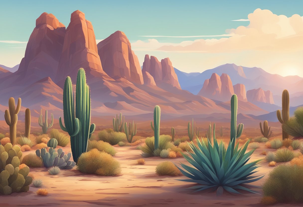 A desert landscape with cacti and red rock formations, surrounded by mountains in the distance