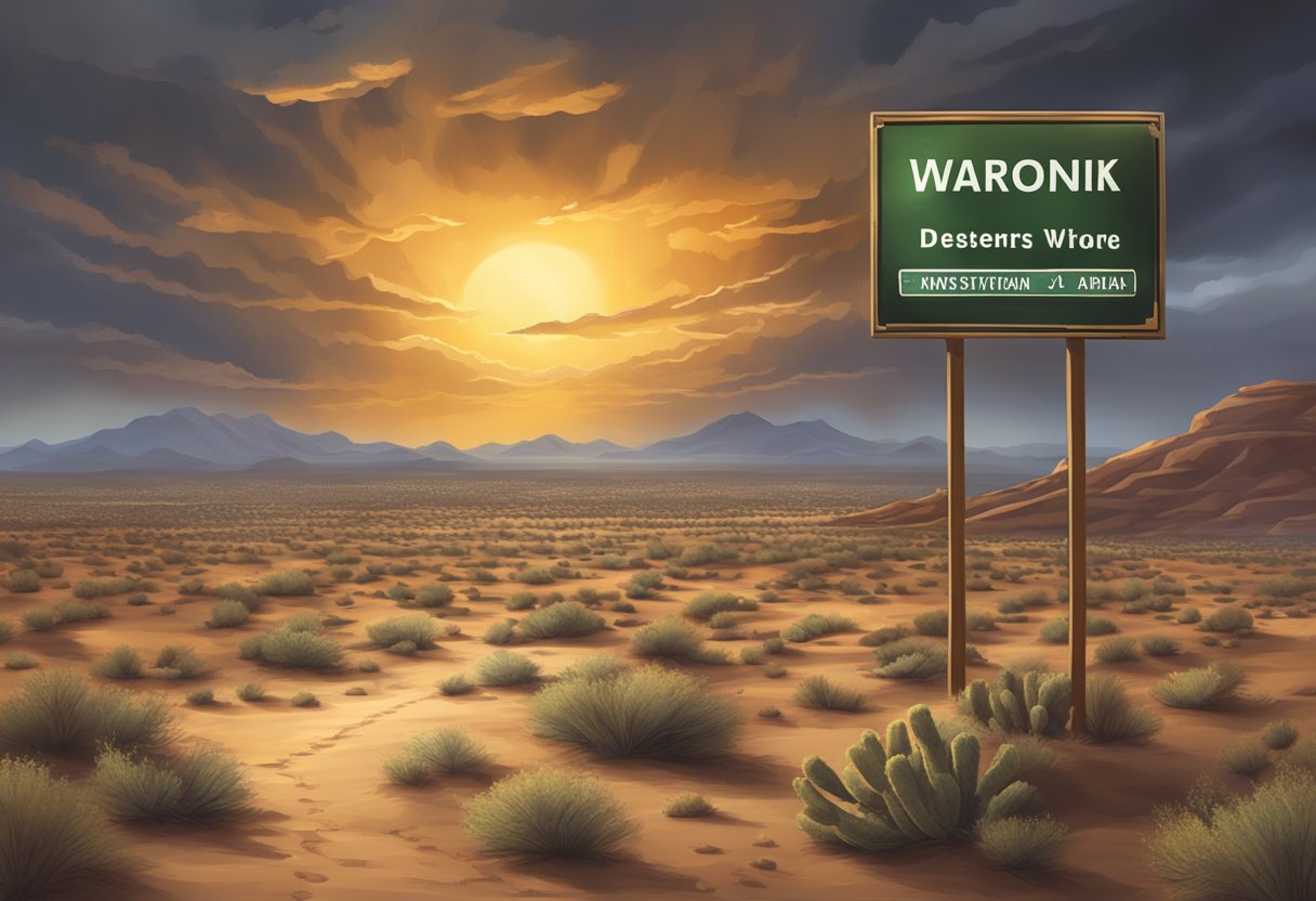A scorching desert landscape with a warning sign and an ominous sky looming over Phoenix, Arizona