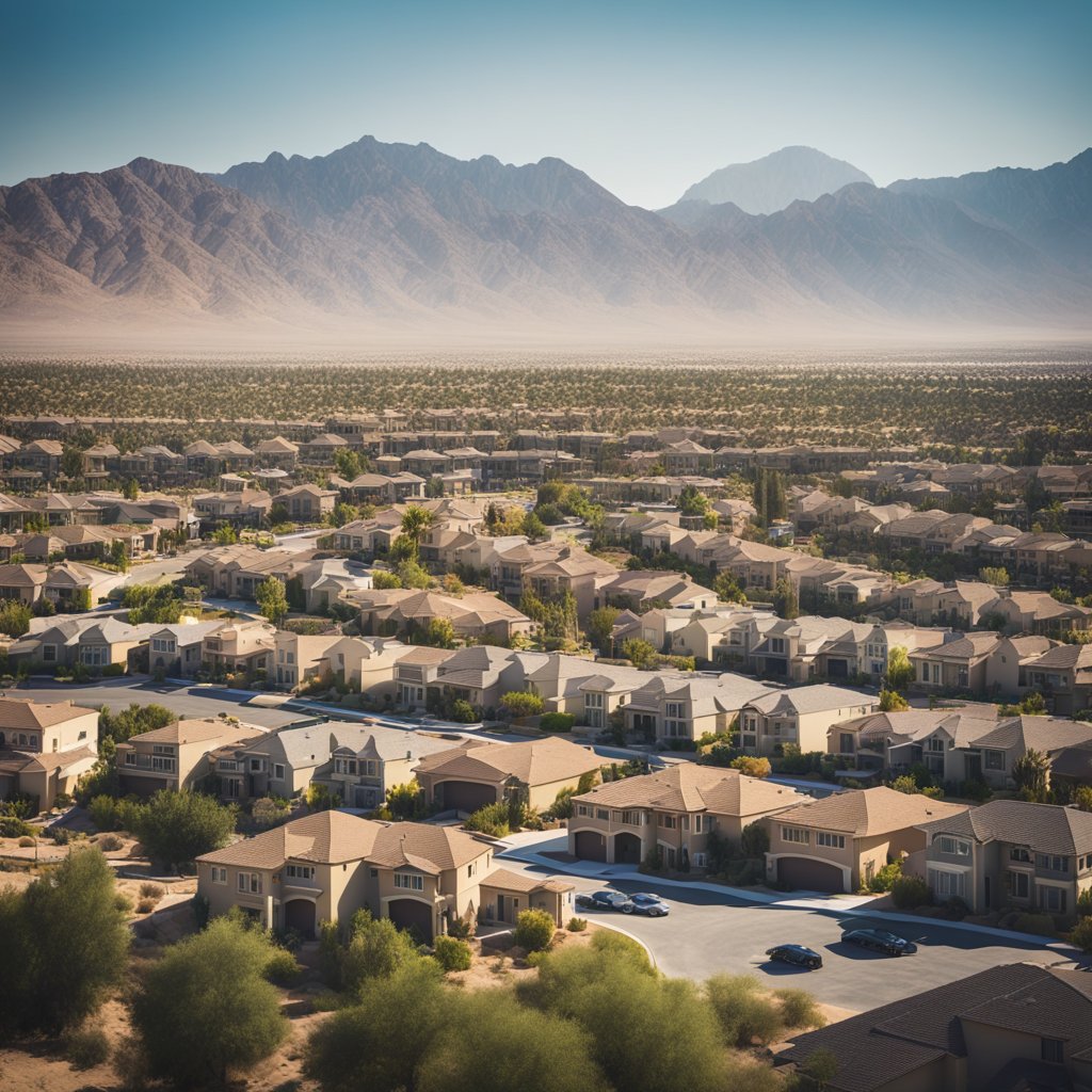A sunny suburban neighborhood with a mix of single-family homes and apartment buildings, surrounded by desert landscape and mountains in the distance