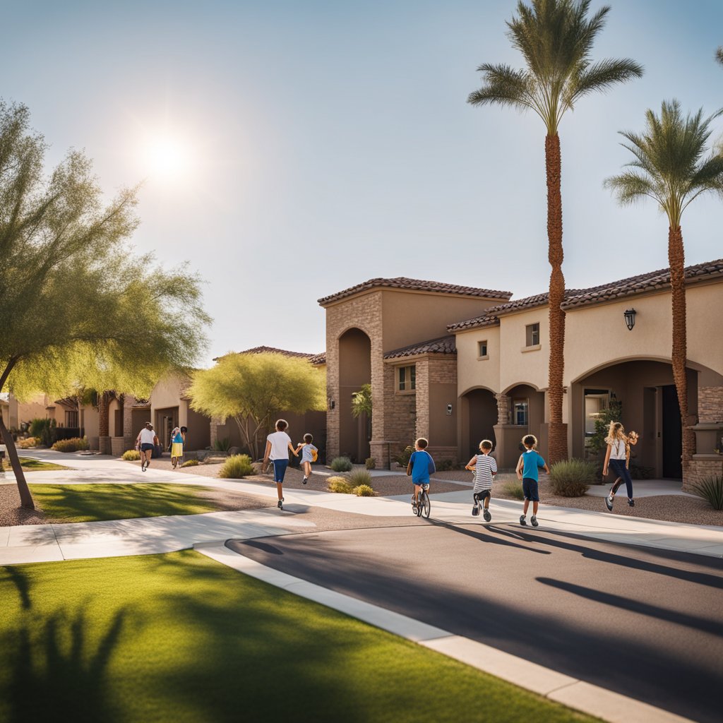 A sunny suburban neighborhood in Goodyear, Arizona with a modern school building and children playing outside