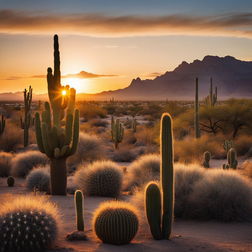 The sun sets over the desert landscape of Goodyear, Arizona, casting a warm glow over the cacti and mountains. A family of coyotes roam the outskirts of a quiet suburban neighborhood, while the scent of mesquite fills the air