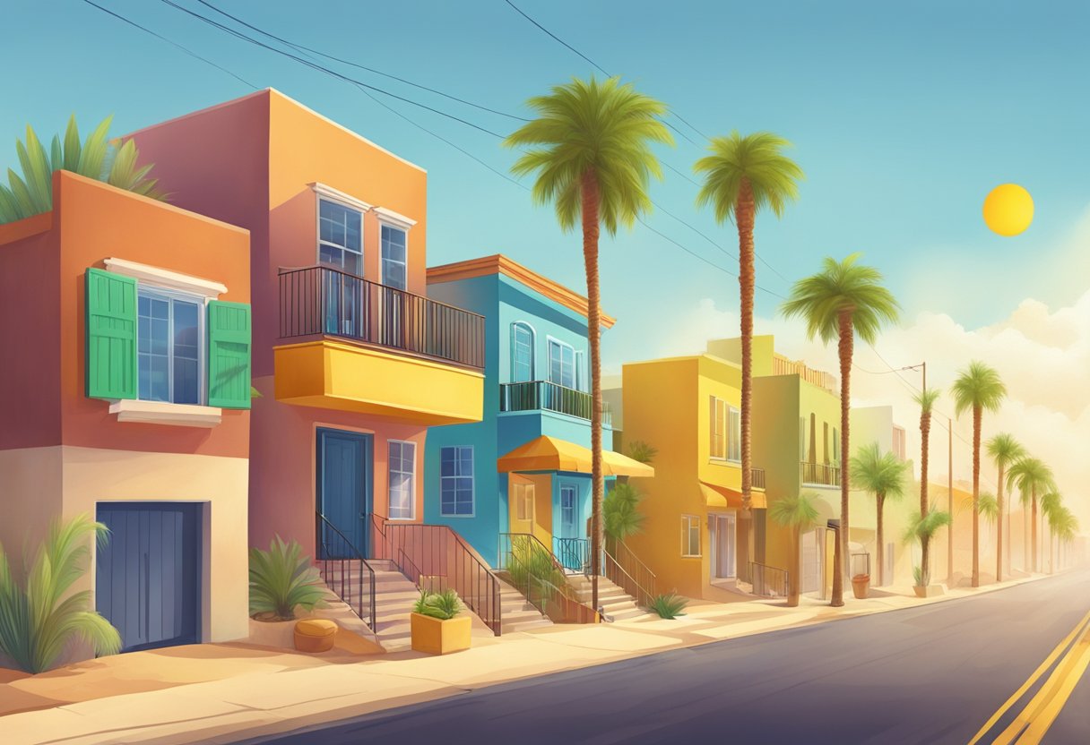 A sunny street in Phoenix, with colorful houses and palm trees, but a caution sign warns of extreme heat and dust storms