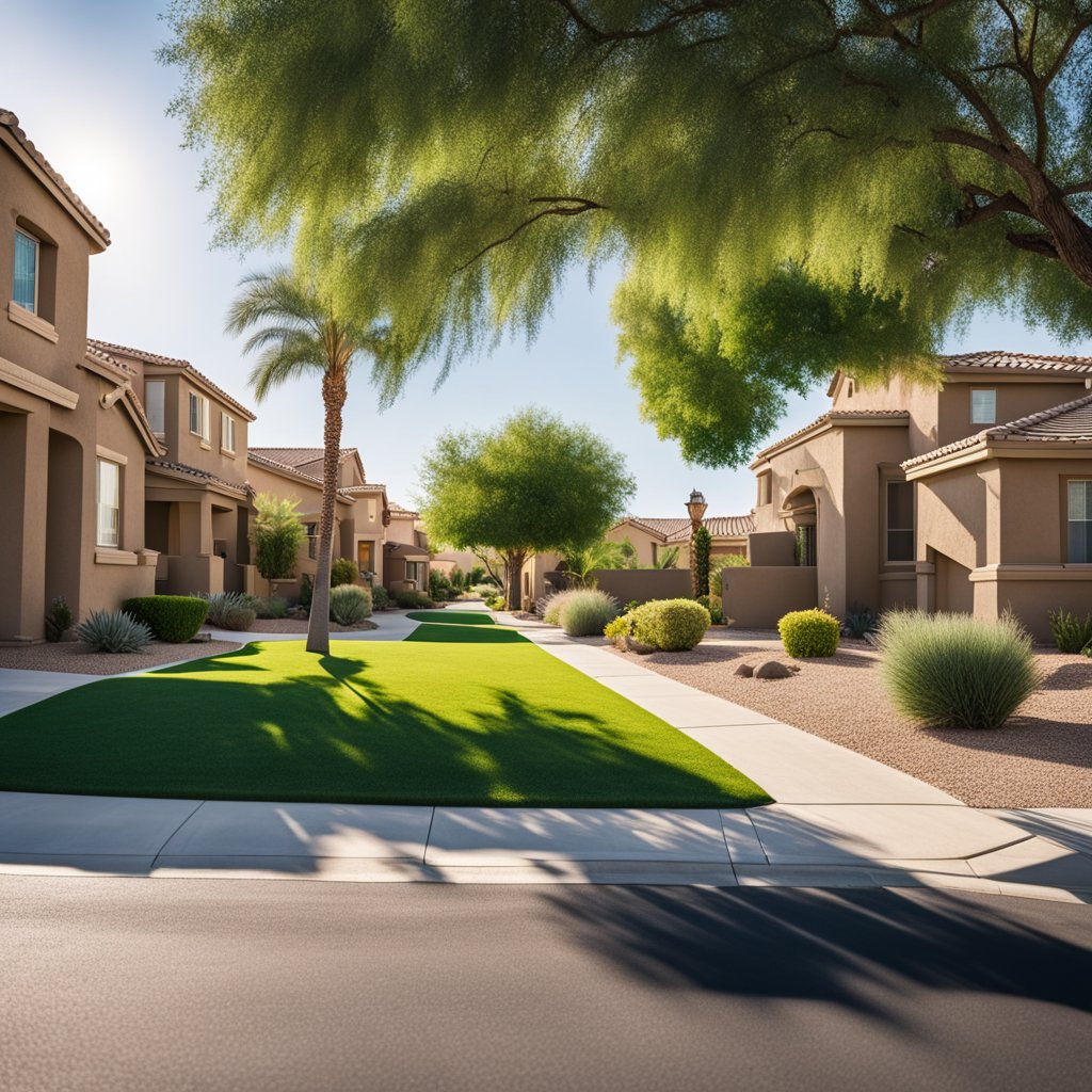 A sunny suburban street in Surprise, AZ with rows of modest, well-maintained homes and neatly manicured lawns