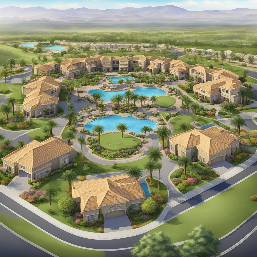 Aerial view of Sun City Grand with well-maintained homes, lush landscaping, and community amenities like golf courses and recreation centers