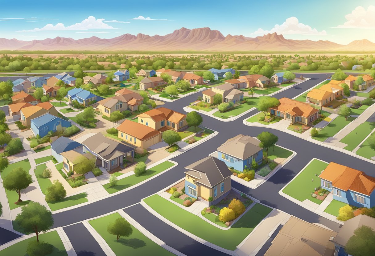 A suburban neighborhood with playgrounds, schools, and family homes under a bright, sunny sky in Phoenix, AZ