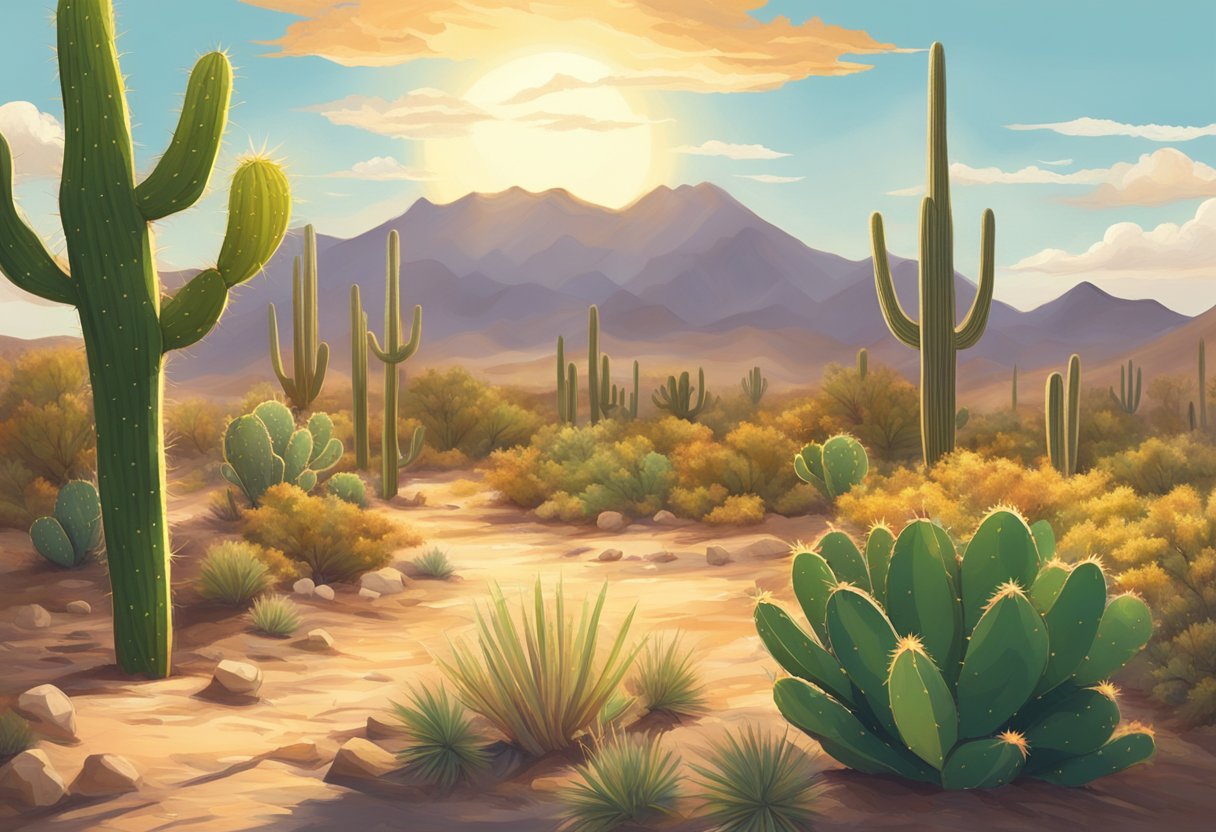 A cactus-studded desert landscape with a blazing sun overhead, a cautionary sign warning about the challenges of living in Phoenix, Arizona