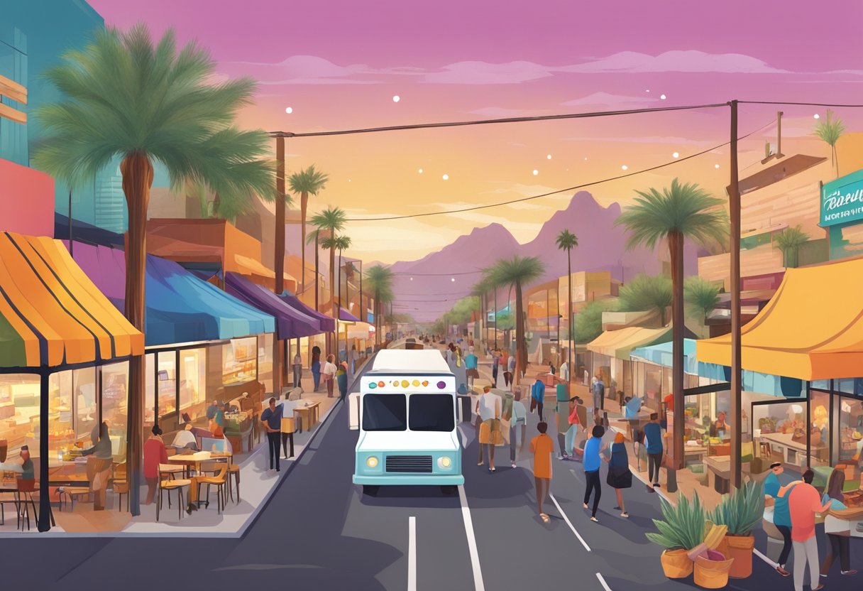 A bustling street lined with diverse restaurants and food trucks, with colorful signs and tantalizing aromas filling the air in Phoenix, AZ