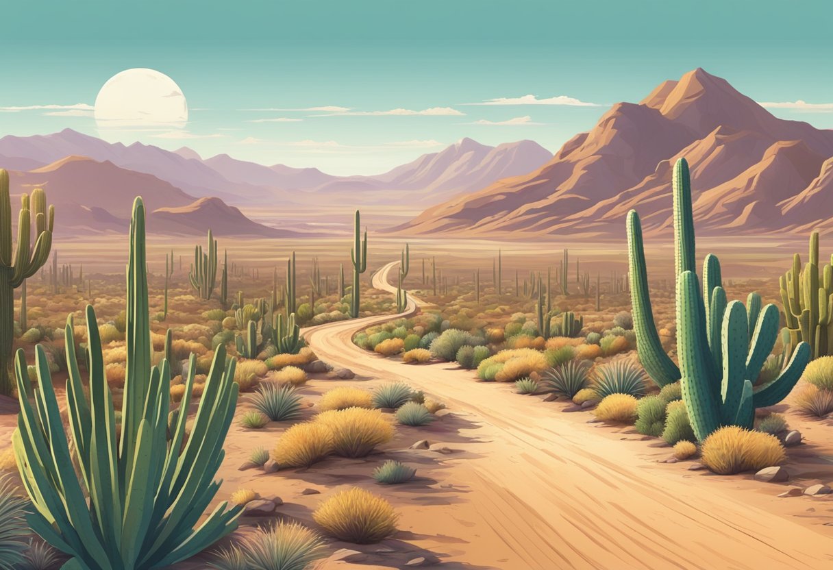 A desert landscape with a winding road leading away from Phoenix, surrounded by cacti and mountains in the distance