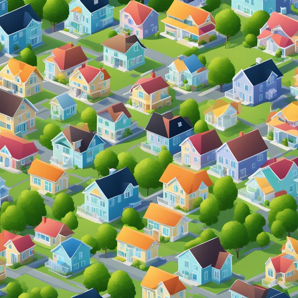 A vibrant neighborhood with rows of well-maintained houses, manicured lawns, and a sense of community