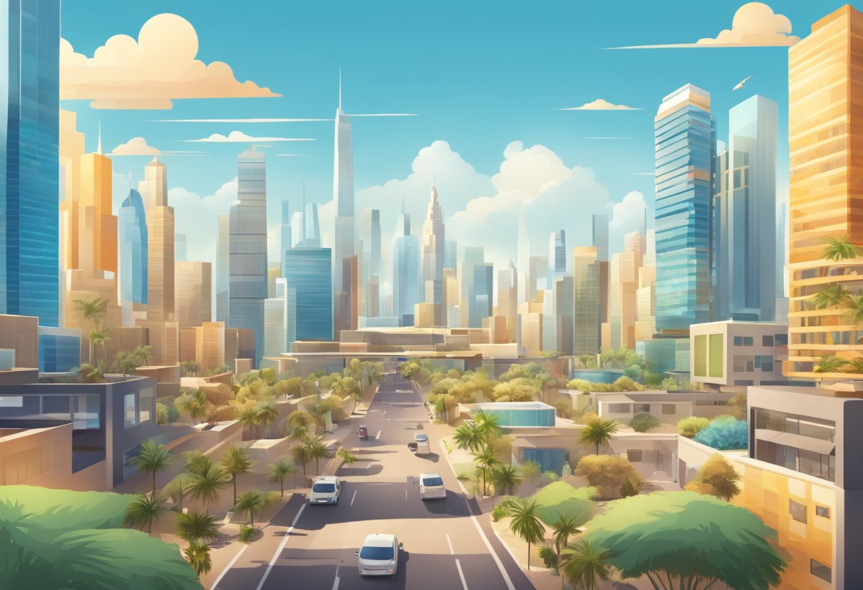 A bustling city skyline with a mix of modern buildings and desert landscape, under a bright, sunny sky