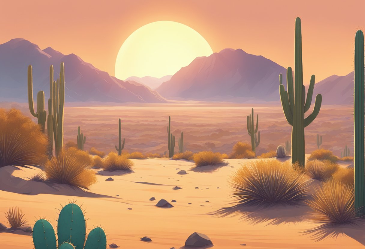 A scorching sun beats down on a barren desert landscape, with cacti and rocky terrain stretching into the distance under a cloudless sky