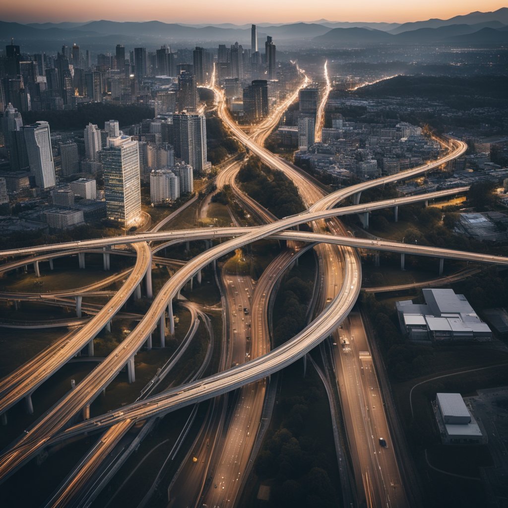 A bustling city with highways and public transit, contrasting with isolated rural areas